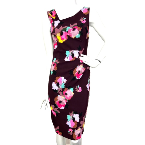 90s Laundry Dress Womens Size XS 2 Plum Jersey Floral Sleeveless Sheath Ruched - Picture 2 of 11